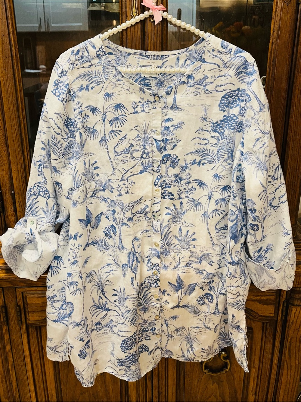 NICHOLE MILLER Tunic 100% LINEN TOILE Top Rusched Blue/White 1XLARGE.